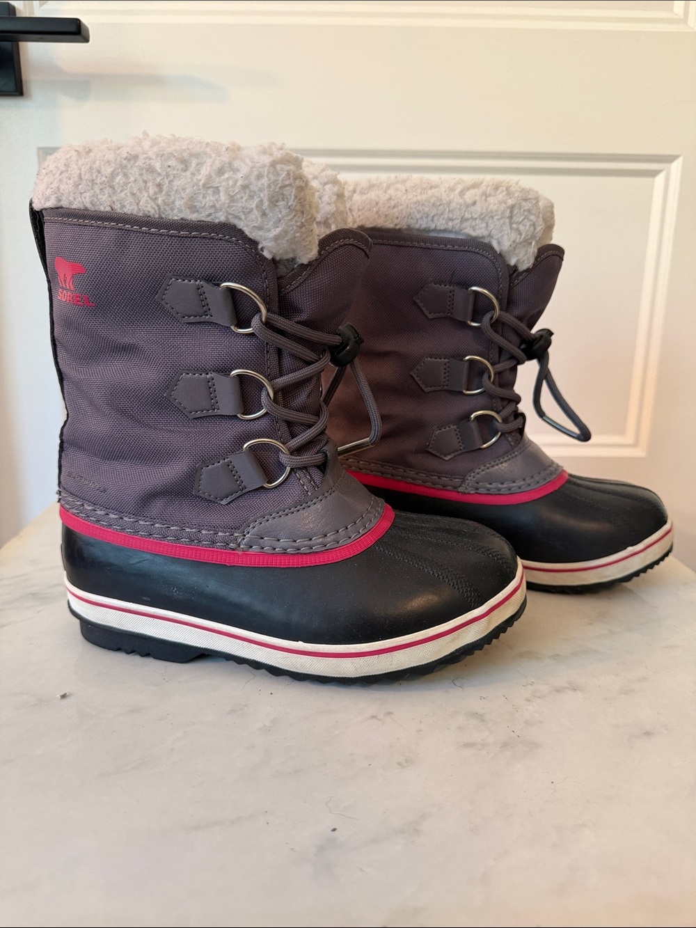 Sorel Kids Grey, Black and Pink Insulated Snow Boots